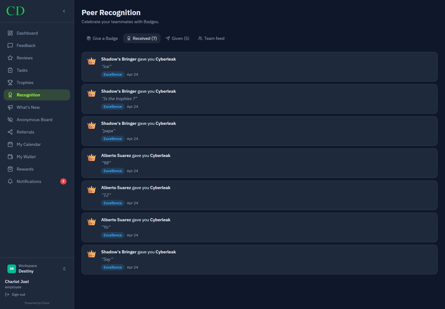 Pulse employee recognition interface