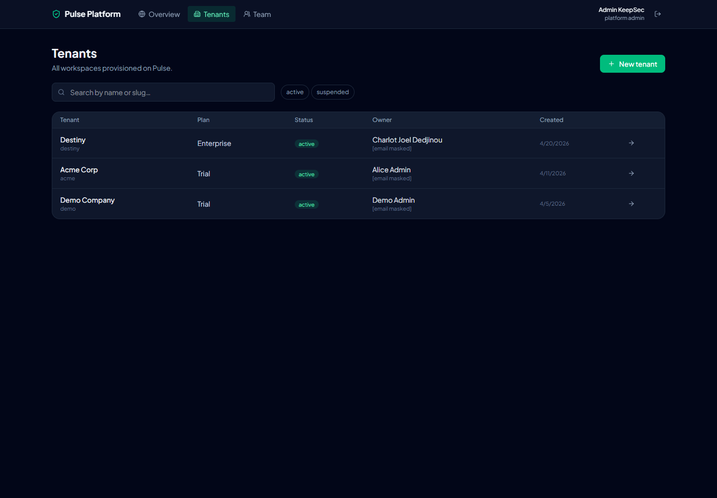 Pulse platform tenant management interface