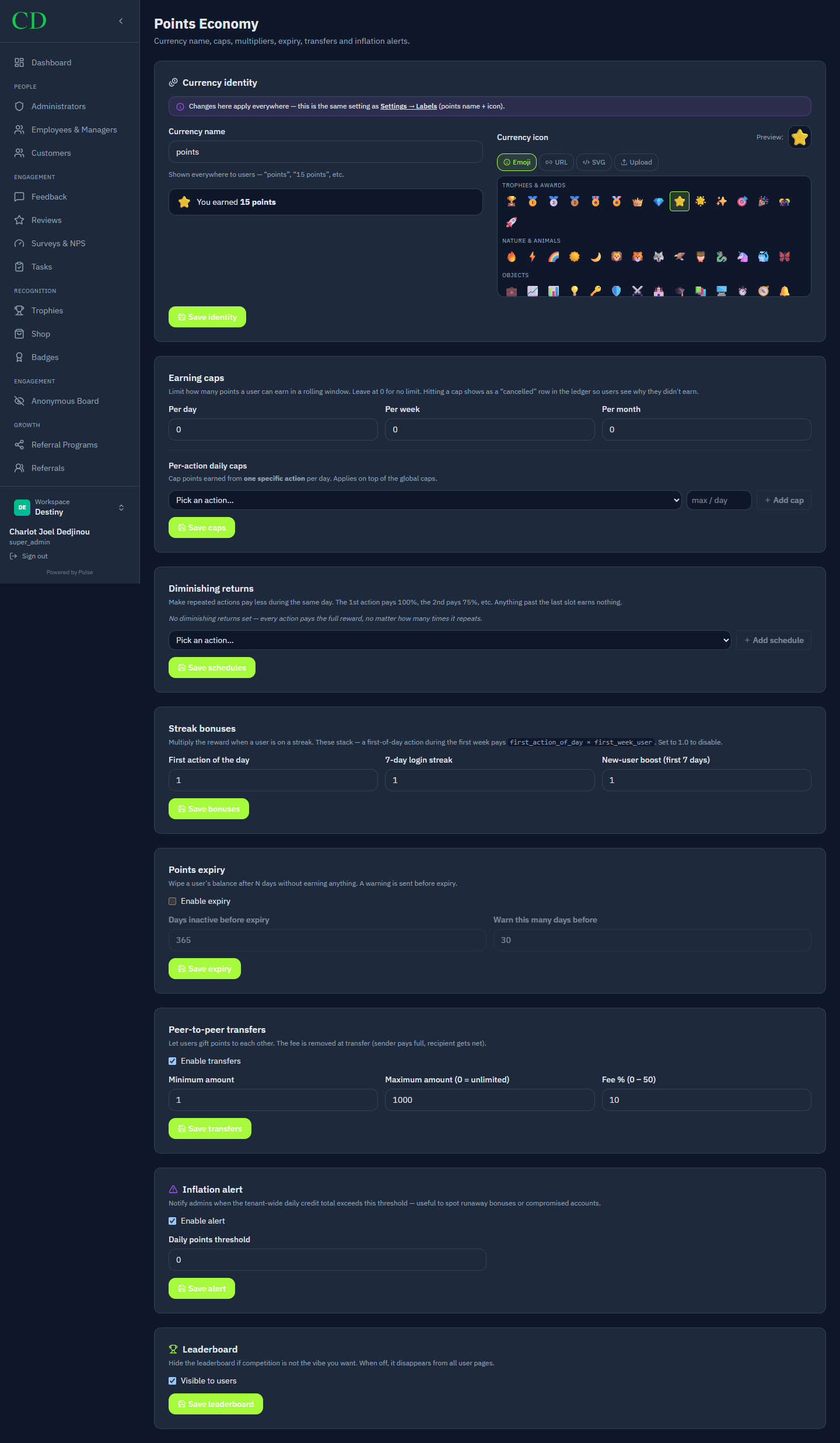 Pulse tenant points economy configuration