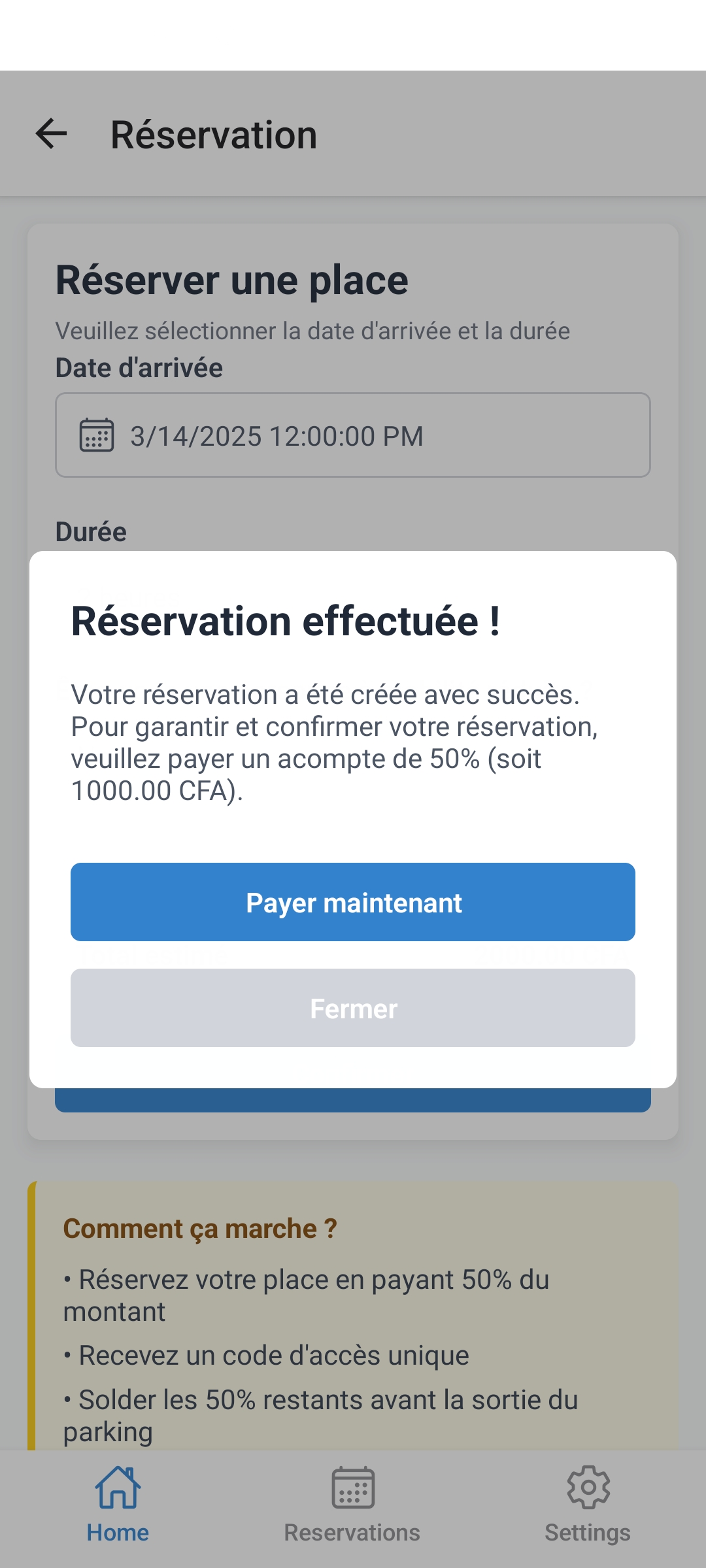 Reservation confirmation and payment choice